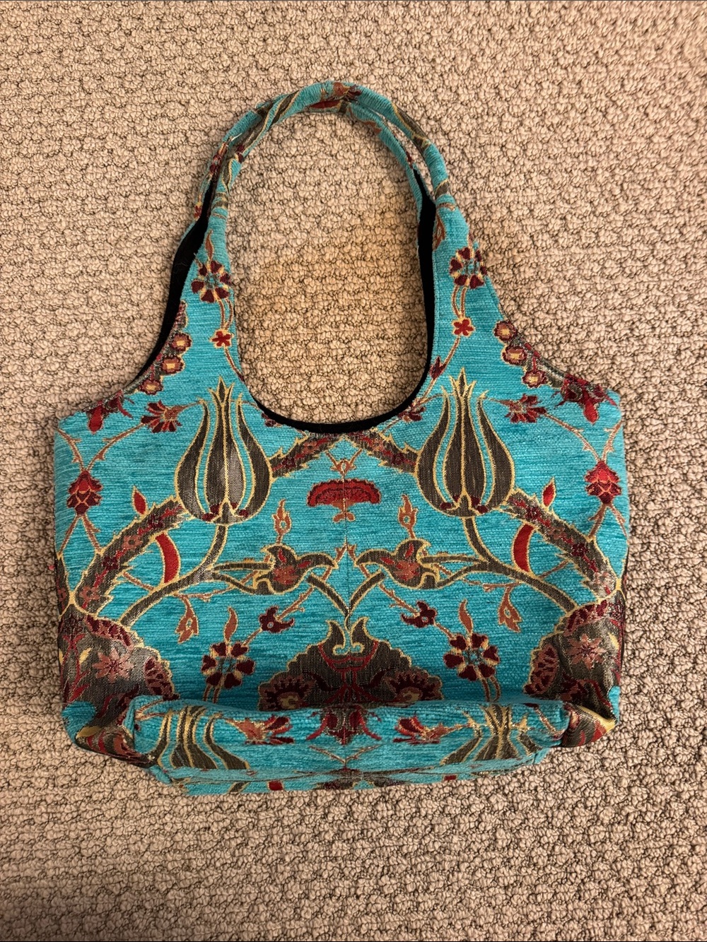 Turkish Turquoise Floral Jacquard Tote Bag , handmade of Turkish carpet